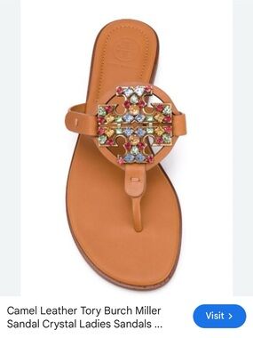 Camel Leather Tory Burch Miller Sandal Crystal Ladies Sandals Flip Flops - 9